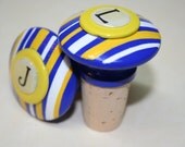 Monogram Royal Blue, Yellow and White Striped Wine Stopper- You Choose Letter. Great Bridesmaid Gifts