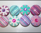 Pink, Purple, Green and White Daisy Flowers and Polka Dot Knobs- Set of 8