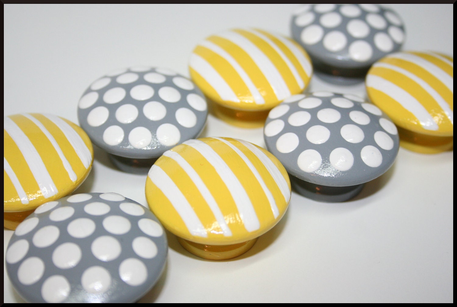 Grey with White Polka Dots and Yellow with White Stripes Knobs