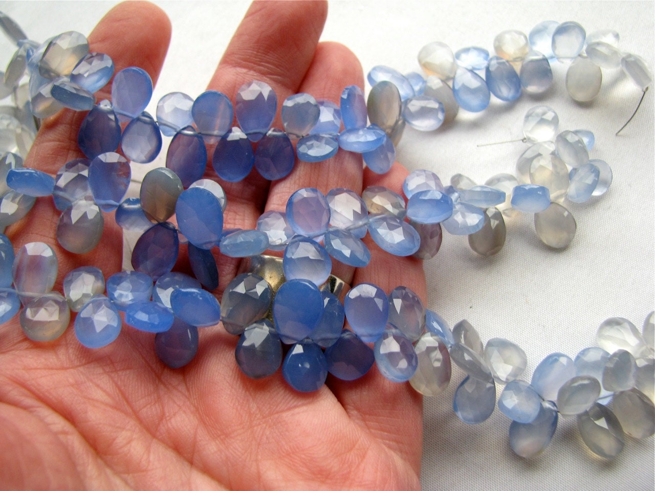 Shaded Blue Chalcedony faceted pear briolettes, 4" inch half strand, 25 beads, 9mm - 10mm (11w58)