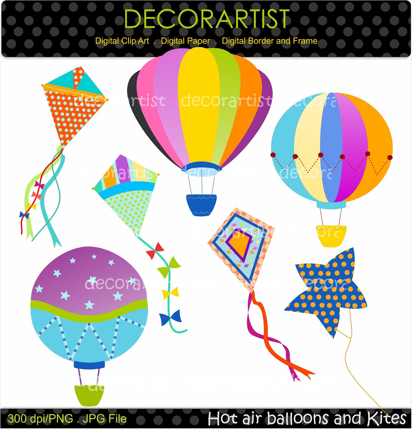 hot air balloon clip art , Digital clip art for all use, Hot air balloons and Kites. INSTANT DOWNLOAD