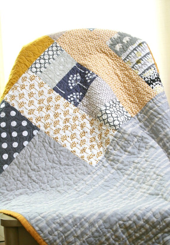 Yellow and grey with elephants, dots and spring buds - crib to toddler size