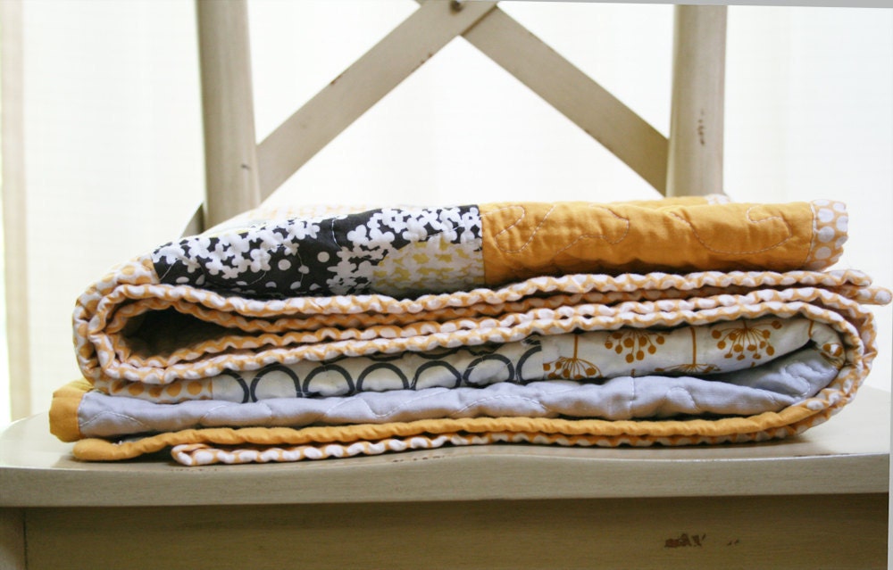 Yellow and grey with elephants, dots and spring buds - crib to toddler size