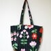 Quilted Tote Everyday Bag with flowers in red and pink over black background