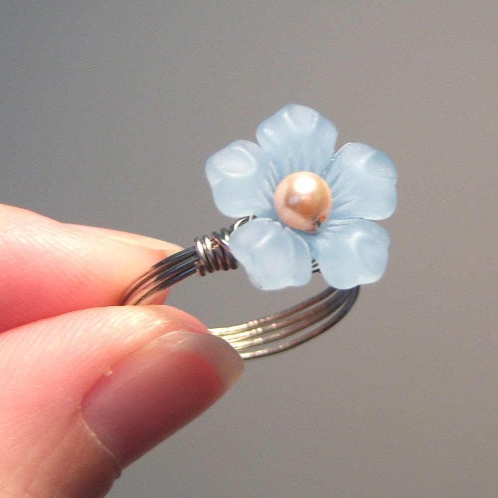 Blue Flower Wire Wrapped Ring - Custom Colors and Sizing
