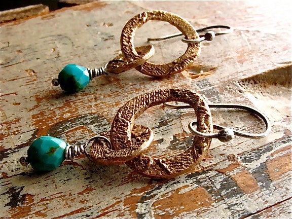 Infinity double ring earrings with turquoise : rustic jewelry . handcrafted bronze, sterling silver, turquoise