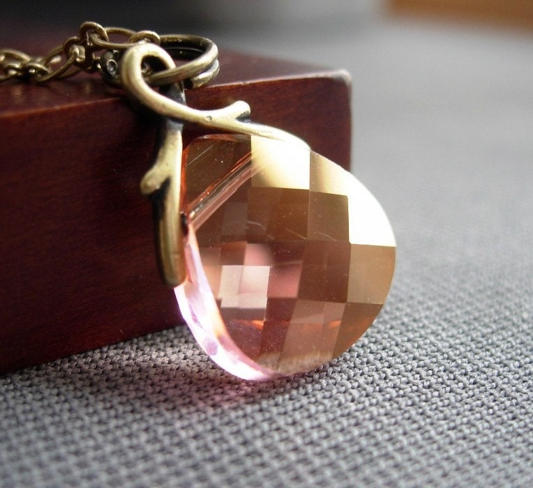 SALE Pink Crystal Necklace, Light Pink Champagne Swarovski Crystal Flat Briolette and Antique Brass Plated Chain.  Sunkissed.