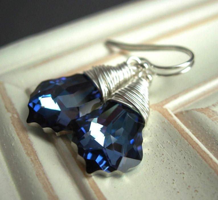 SALE Blue Crystal Earrings, Swarovski Baroque Crystal Silver Plated Wire Wrapped Mali Blue.  Nightfall.