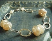 SALE Mystic Pearl Chalcedony Bracelet, Faceted  Creamy White Gemstone Rondelles Wire Wrapped Sterling Silver Link.  Snowdrift.