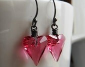 SALE Pink Swarovski Heart Earrings, Swarovski Wild Heart Bright Pink Wire Wrapped Oxidized Sterling Silver.  Cupid.