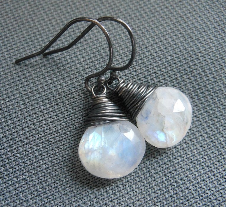 SALE Moonstone Earrings, Wire Wrapped Flashy Faceted Gemstone Briolettes Oxidized Sterling Silver.  Moonglow.