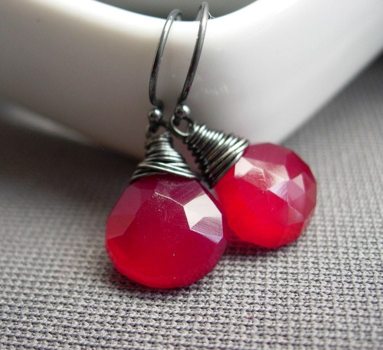SALE Red Chalcedony Earrings, Bright Red Chalcedony Wire Wrapped Faceted Briolettes.  First Love.