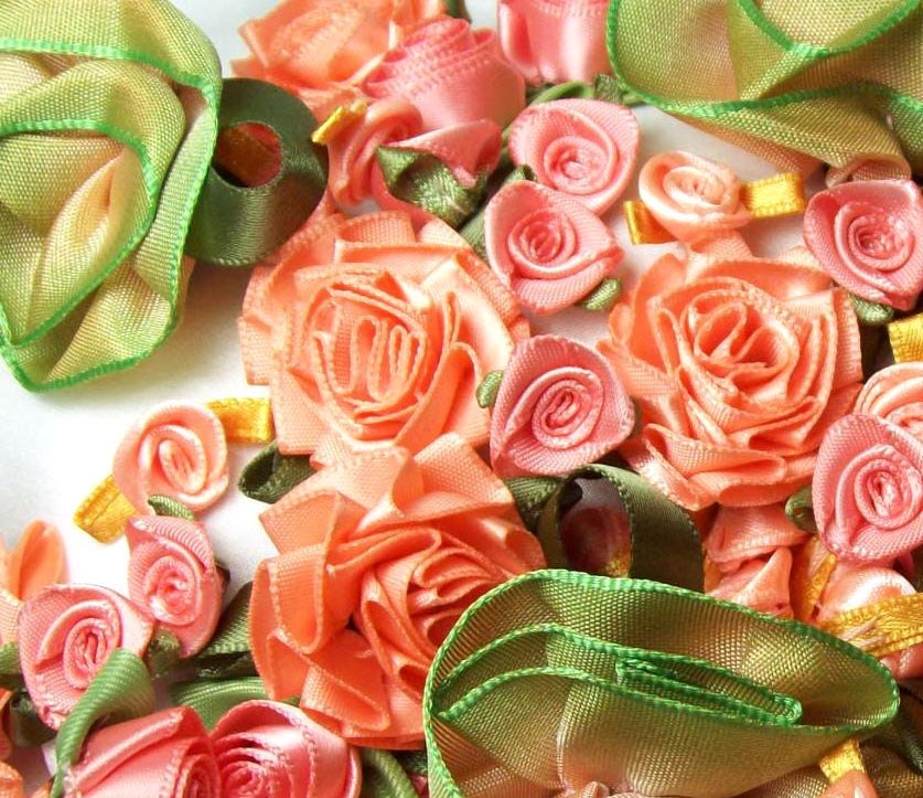 SALE ribbon roses- 50 Ripe Peach Ribbon Rose mix of roses, carnations and wire edged ribbon roses in shades of peach and green
