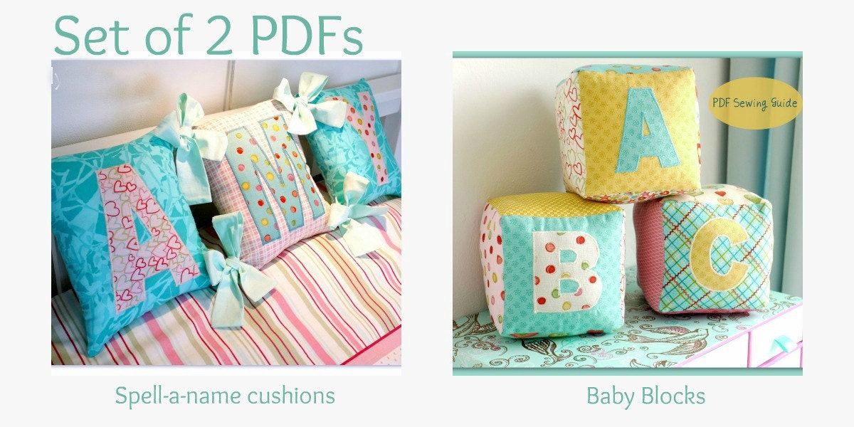 Set of 2 PDF sewing guides - Spell a name Tied Cushions & Baby Blocks