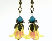 20% off Spring Sale - Lucite Flower Earrings - Tulip beads Yellow, Teal and Pink