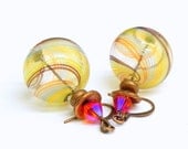 20% off Spring Sale - Hollow Lampwork beads earrings - Copper, amber, blue and yellow