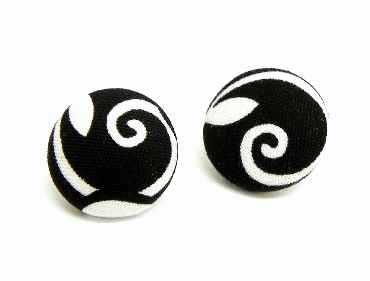 Fabric Button Earrings - Black and white swirls - Nickel free post