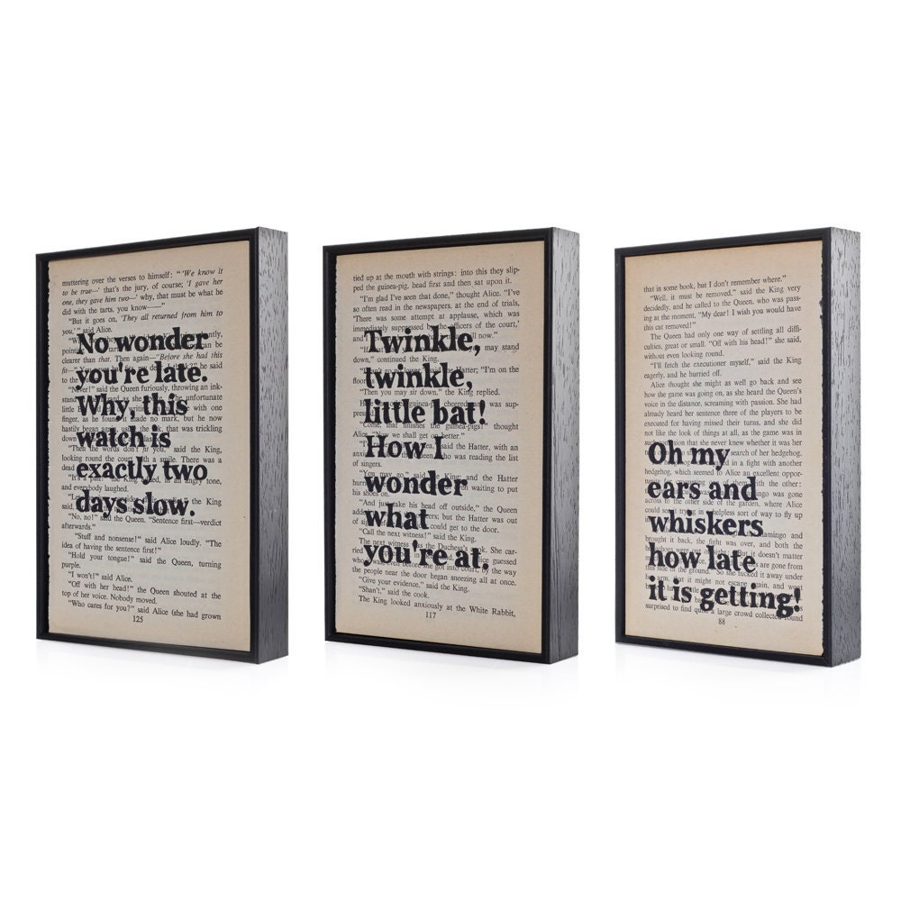 Alice in Wonderland Quote on framed vintage book page - six impossible things