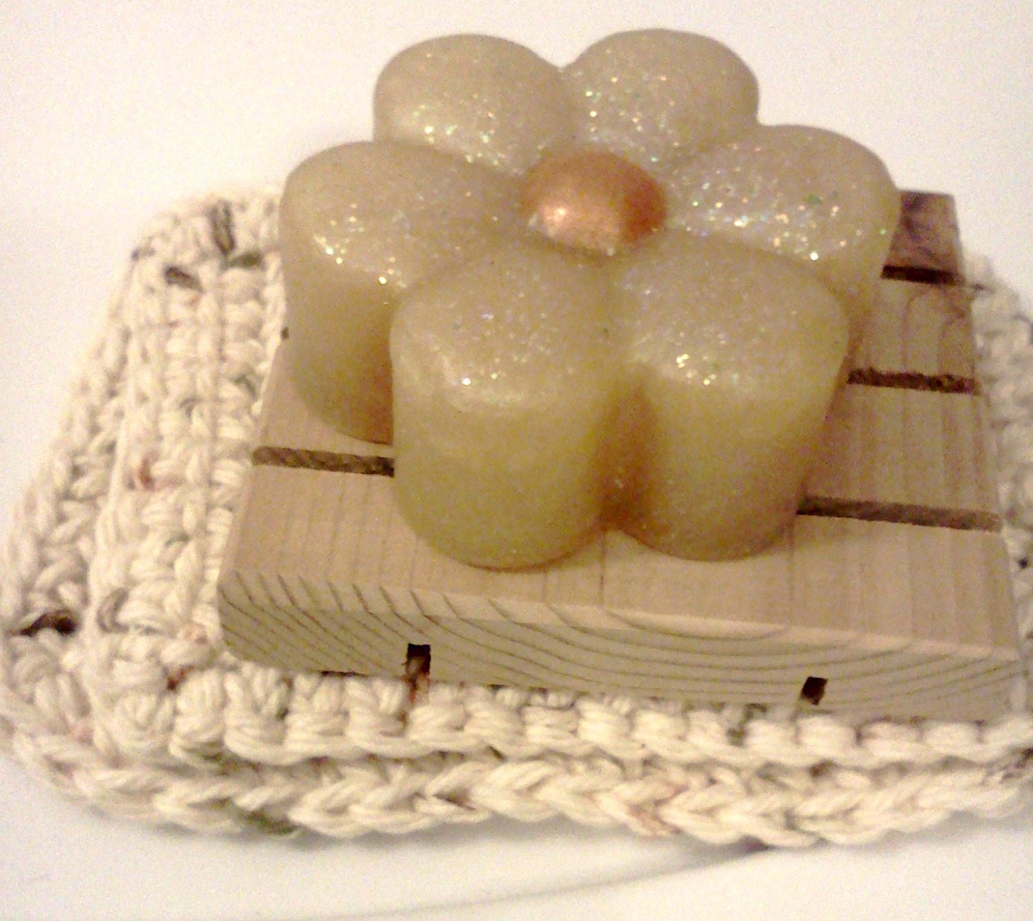 Facial Scrubbies set In Natural with matching Flower Patch Soap and soap dish...