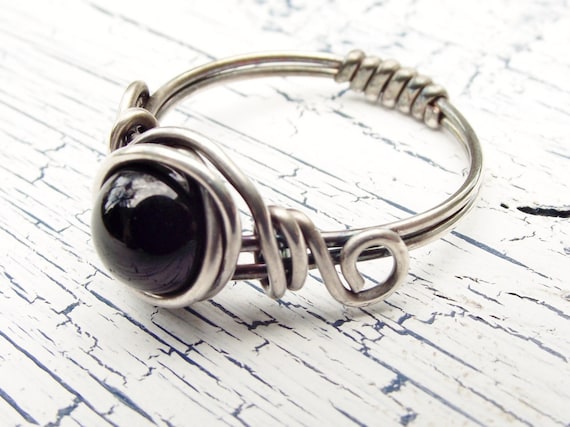 Black Onyx Sterling Silver Ring Wire Wrapped Ring