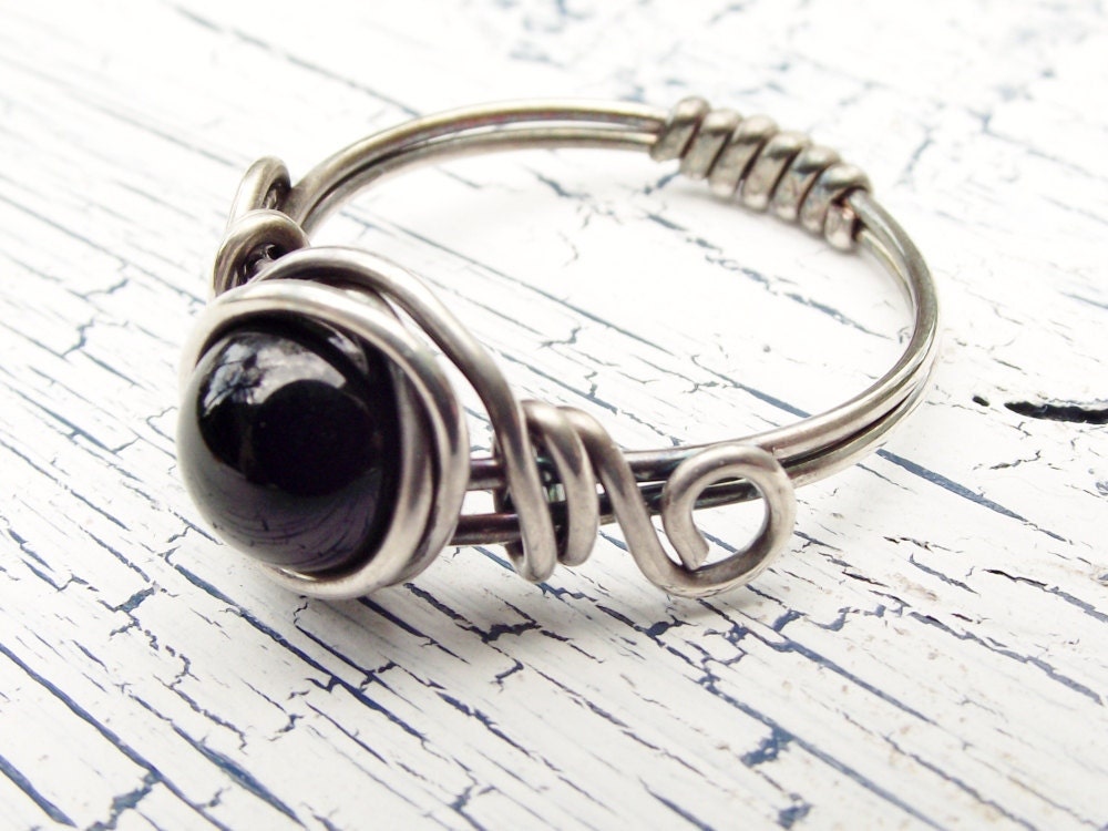 Black Onyx Sterling Silver Ring Wire Wrapped Ring