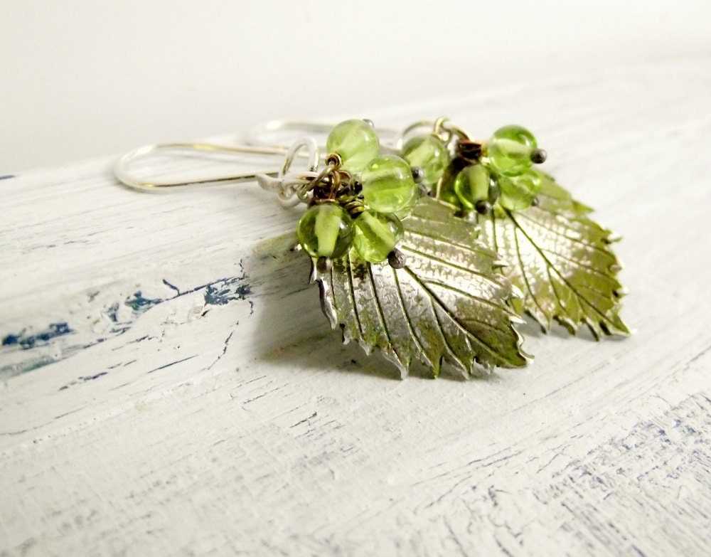 Fine Silver Peridot Earrings Slippery Elm Leaf Metal Clay