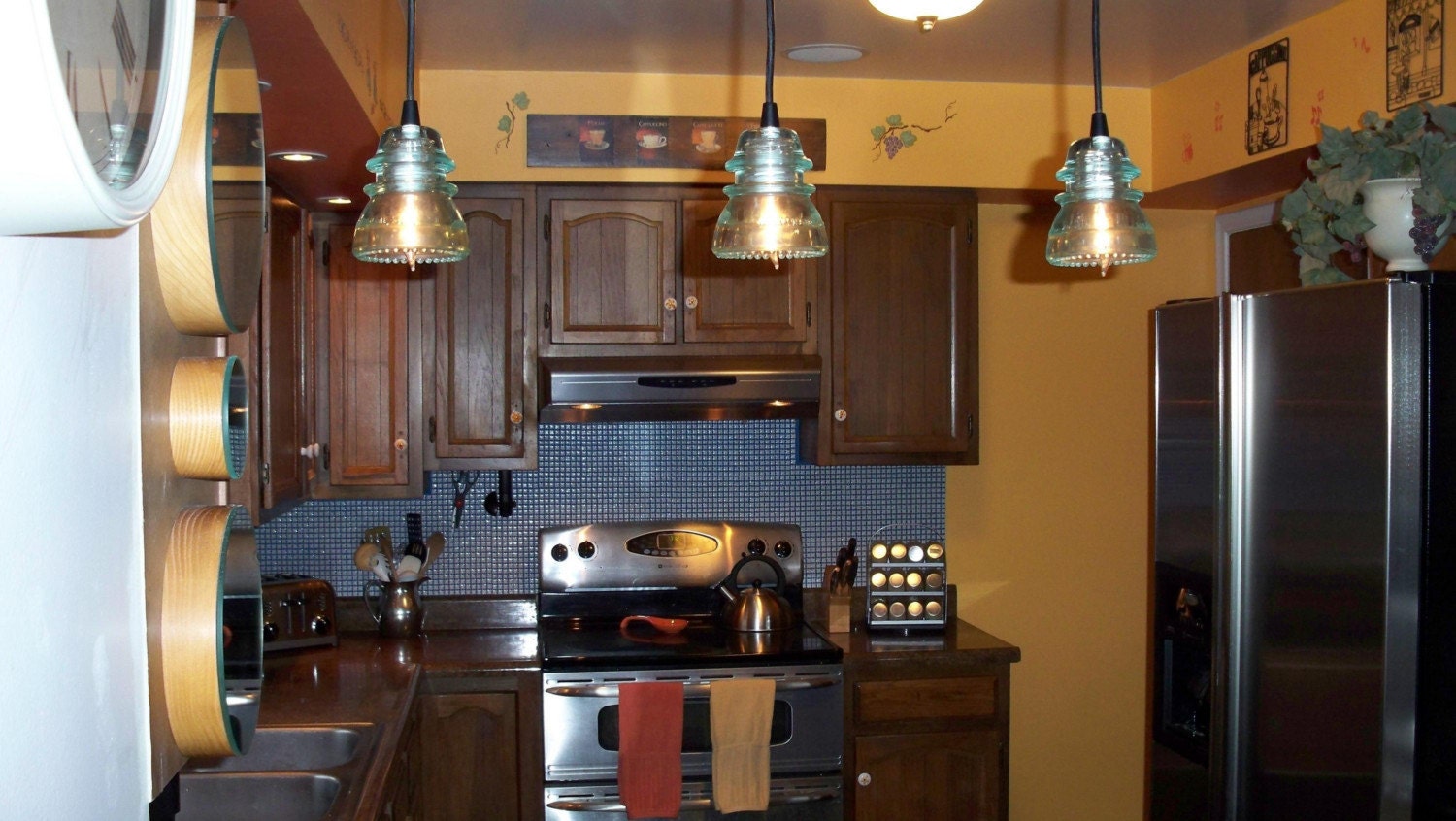 Repurposed Glass Insulator Pendant Light with Black Canopy and Cord