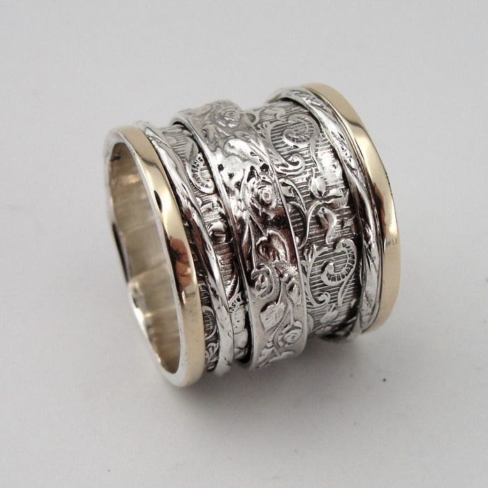 Breathtaking Sterling Silver and 9K Gold filigree band size 7.5