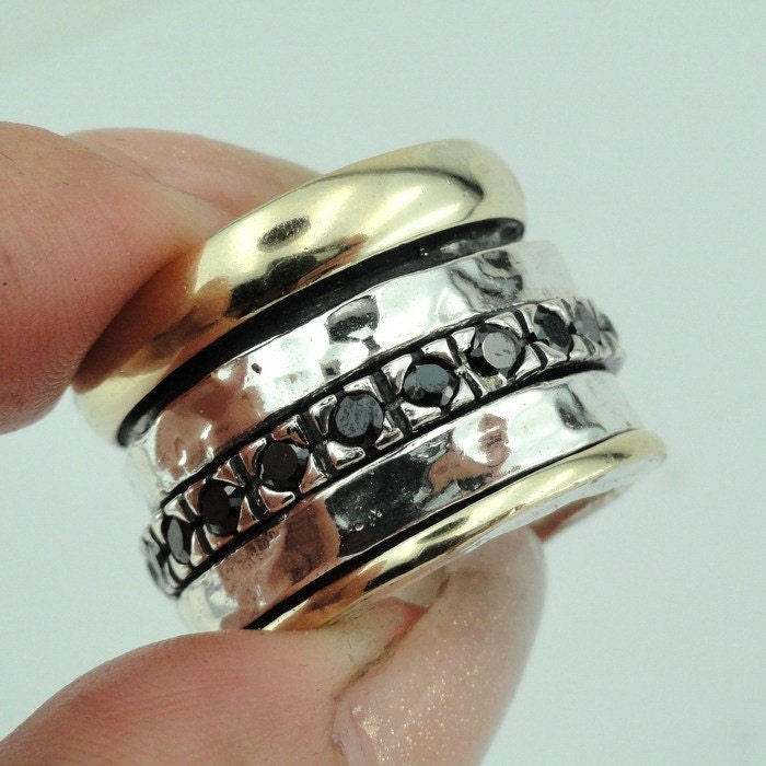 Jewela Sterling silver integrated 9K Yellow gold  inlaid Onyx band size 8