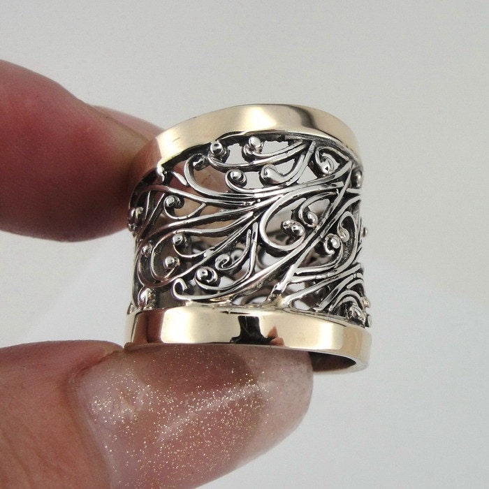 Great Handcrafted 9K Yellow Gold Sterling Silver Ring size 7 (s r11300