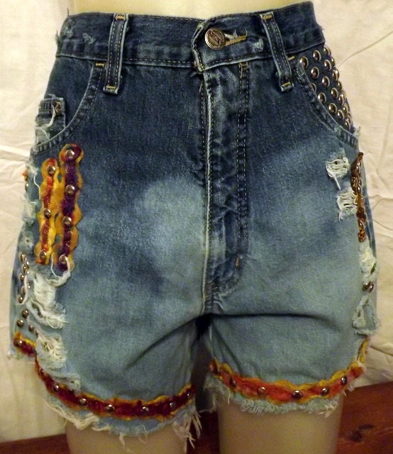 High Waisted Distressed Tattered Denim Shorts-Cut Offs-Ombre-Studded Trim