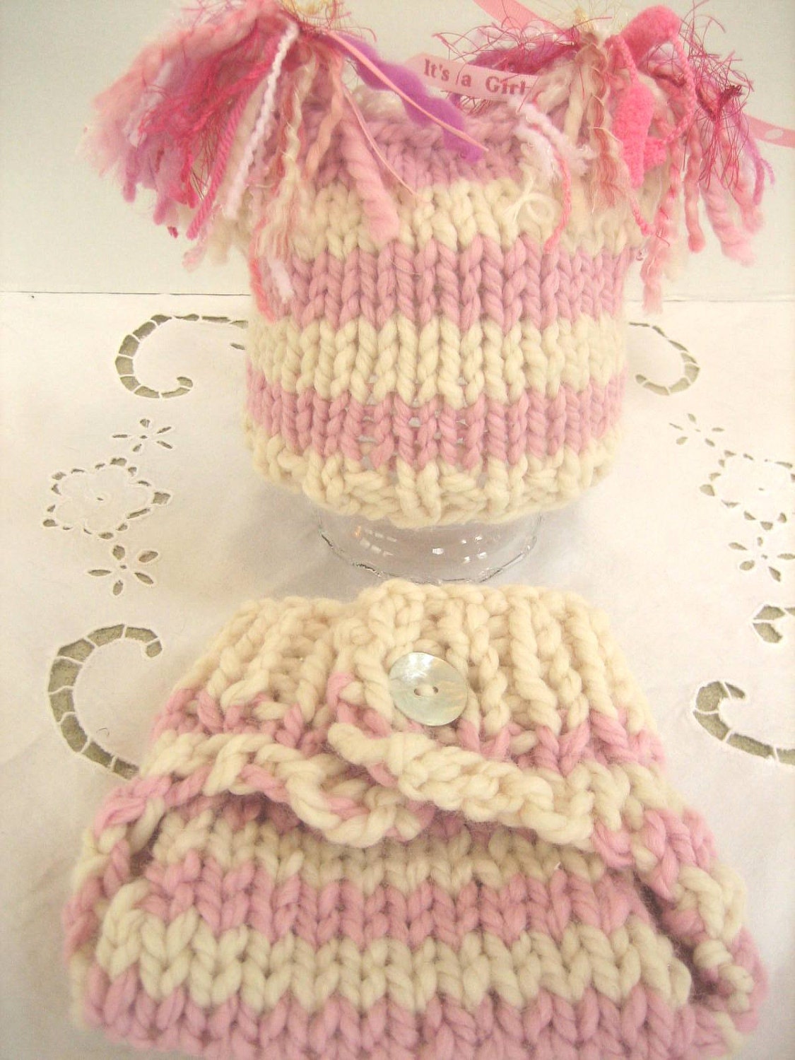 Knit Diaper Cover - Hand Knitted Baby DIAPER Cover for Newborn Baby Chunky Knit Pink and Ivory Stripe  Photography Prop