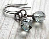 Gray Green Glass Antiqued Brass Earrings Simple Women's Jewelry  - Shipwreck