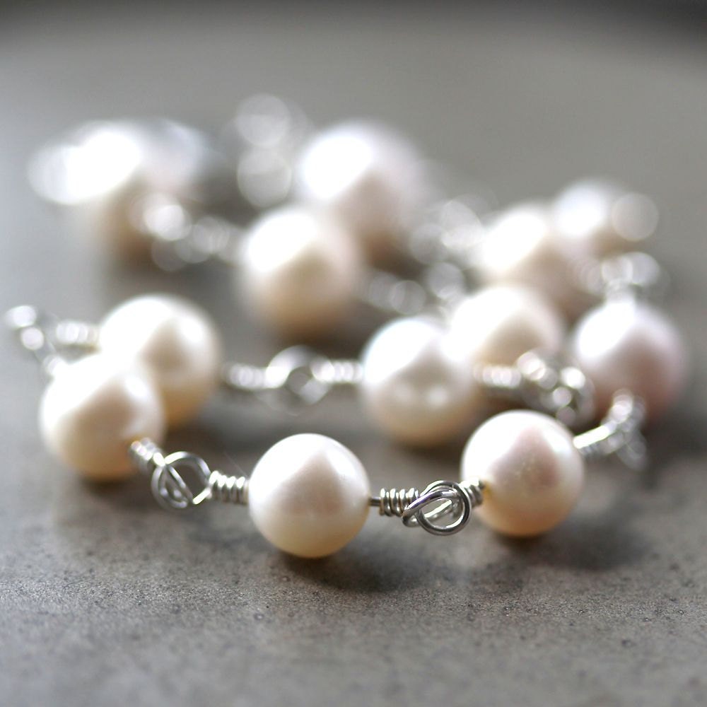 Vanilla Pearl Bracelet, Cream White Freshwater Cultured Pearl Sterling Silver Wire Wrapped Bracelet June Birthstone Summer Wedding - Diana