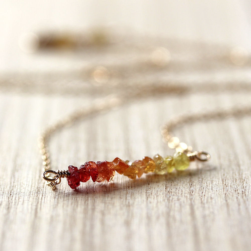 Autumn Sapphire Necklace, Rust Orange and Amber Yellow Ombré Songea Sapphire 14k Gold Filled Necklace September Birthstone - Earth Tones