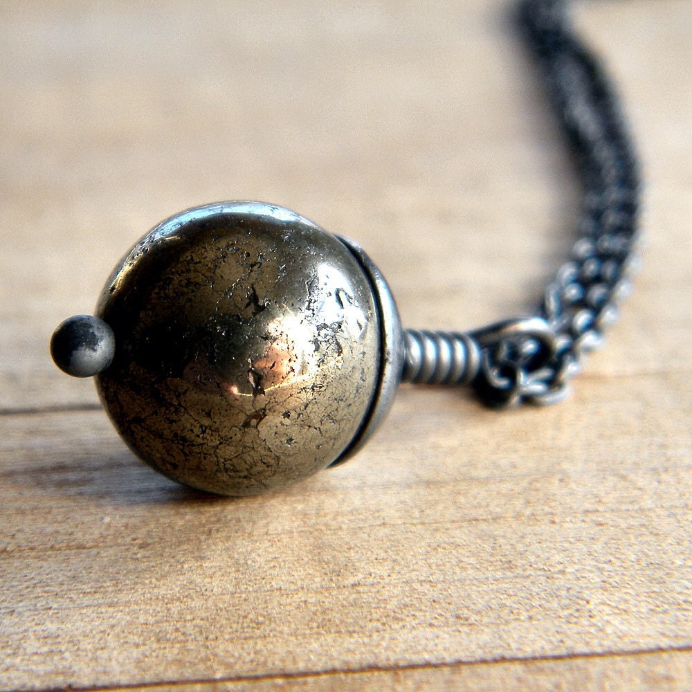Golden Pyrite Oxidized Sterling Silver Necklace - Crater