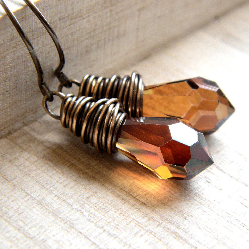Crystal Earrings, Caramel Copper Brown Faceted Briolette Antiqued Brass Wire Wrapped - Goddess