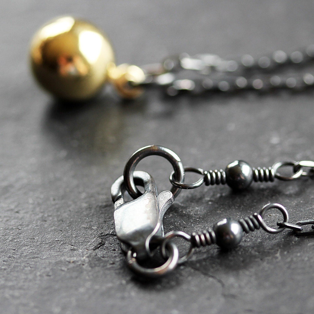 Silver Necklace, Gold Brass Ball Pendant Oxidized Sterling Silver Necklace - Frog Prince