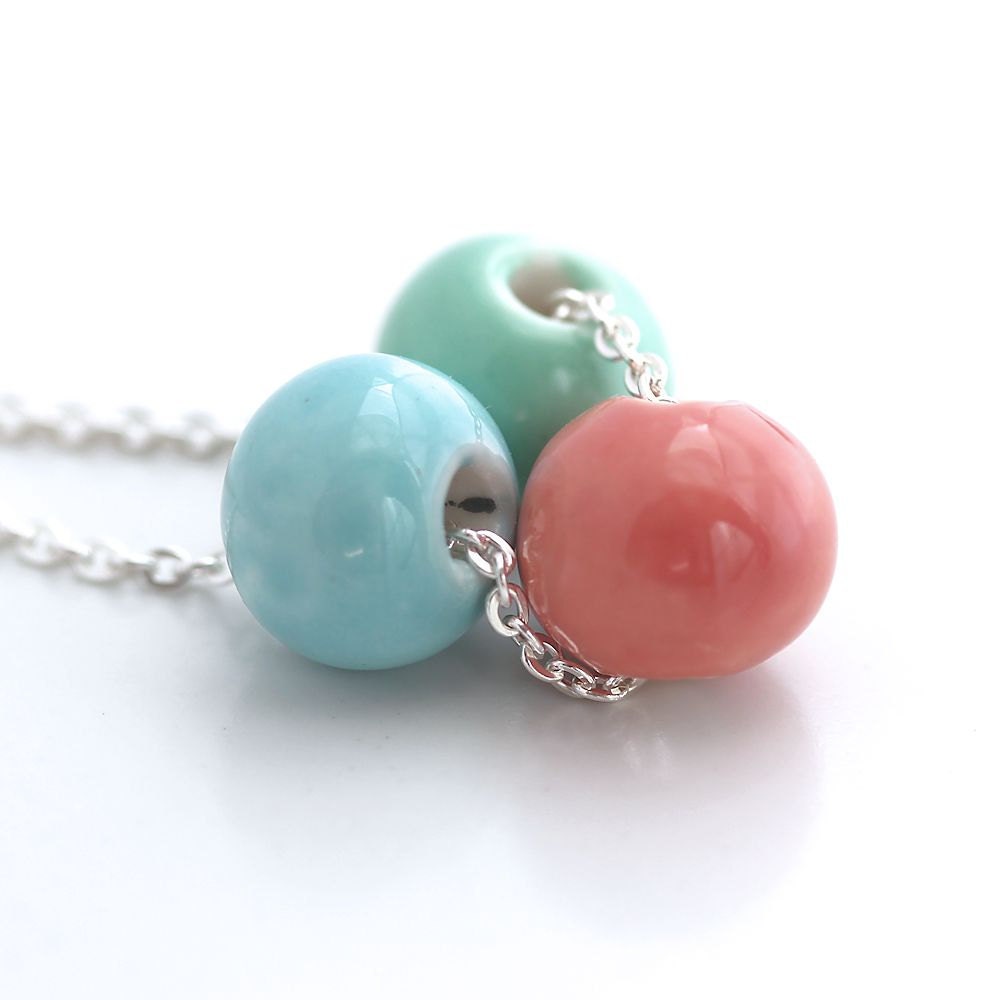 Pastel Necklace, Mint Green, Rose Pink, Sky Blue Porcelain Sterling Silver Necklace Spring Fashion Easter Egg Colors- Petal