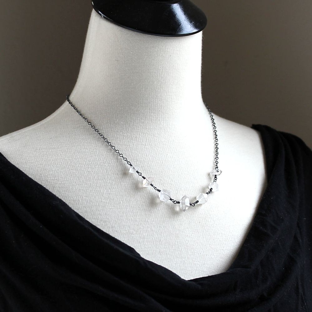 Herkimer Diamond Necklace, Ice Clear Quartz Oxidized Sterling Silver Necklace - In the Rough