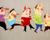 Train / Print of an original drawing / Beige background / Funny people / Joy / Party / Children illustration / Holding each other / Pattern