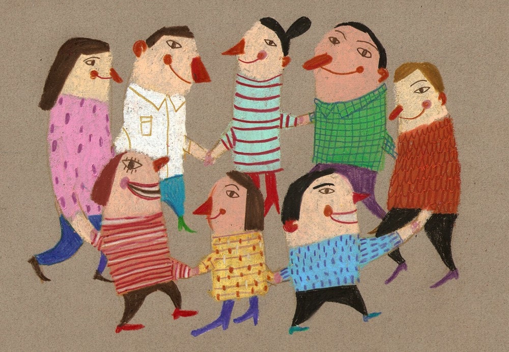 Dancing / ORIGINAL DRAWING / Beige background / Dancing in a circle / Circle of people / Children illustration / Funny people
