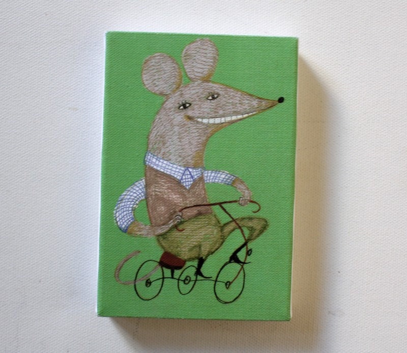 Bicycle mouse / Tiny canvas print / Green background / Riding bicycles / Children illustration / Happy animals / Big ears