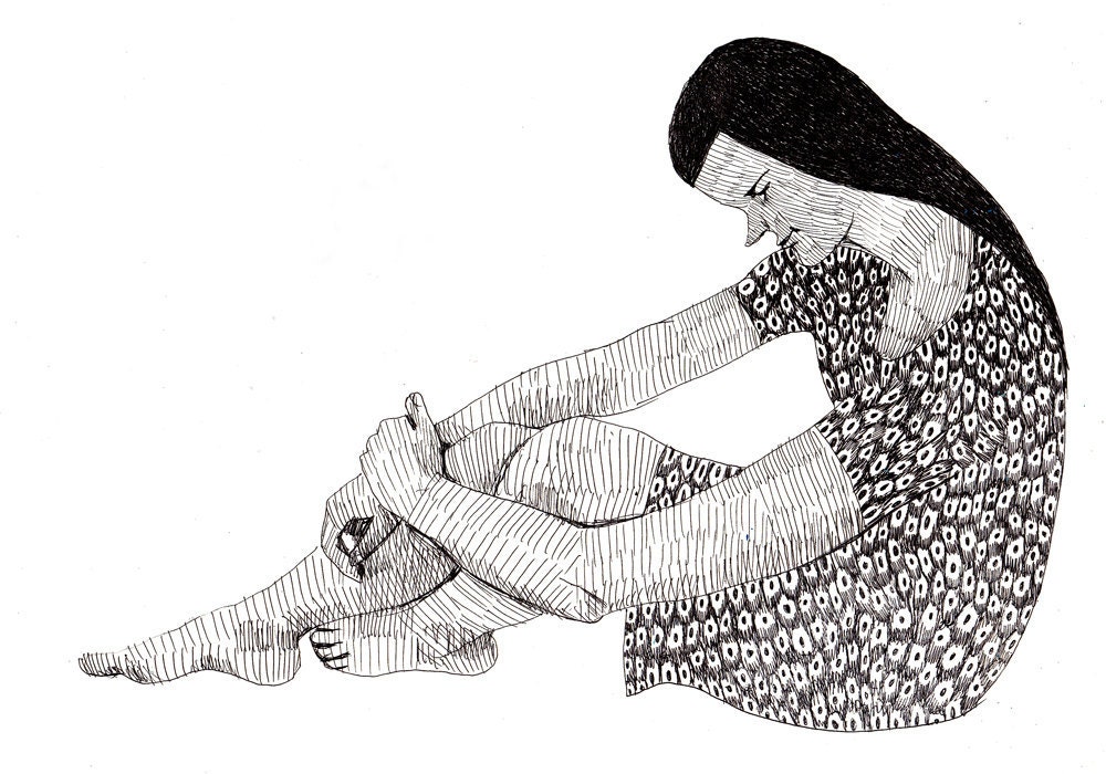 hope you like me   / Black and White art drawing / ORIGINAL / Original illustration / Female body / lying on the ground