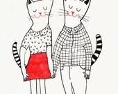 The way you smile / Original black and white ink drawing / ink drawing / Love / Cute cats / Holding hands / Sweethearts
