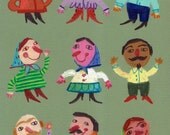 Mustache man with grandma / original drawing / happy people on green / colorful / pattern