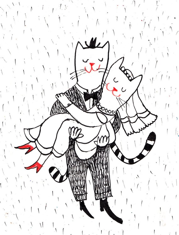Rain of Love /Wedding illustration/ ORIGINAL ILLUSTRATION / ink drawing / wedding / paintings cats / in love