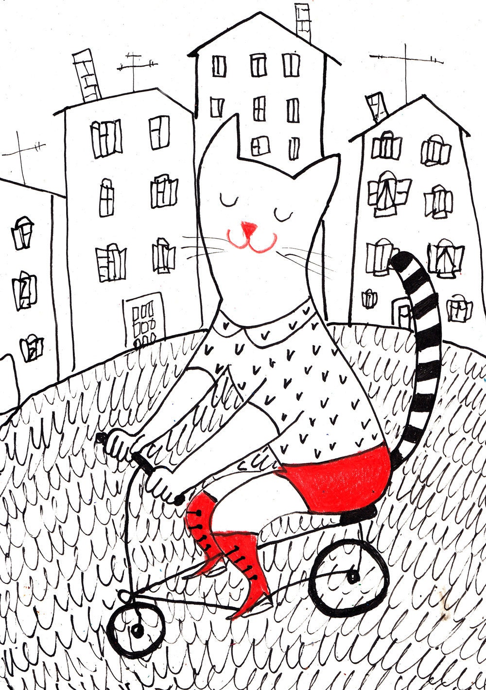 Riding bike on the streets / Original Art / paintings cats / City view / Bicycles