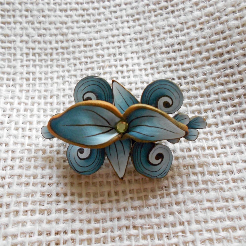 OOAK Blue Polymer Clay Art Nouveau Style Floral Brooch - blossomstreetstudio