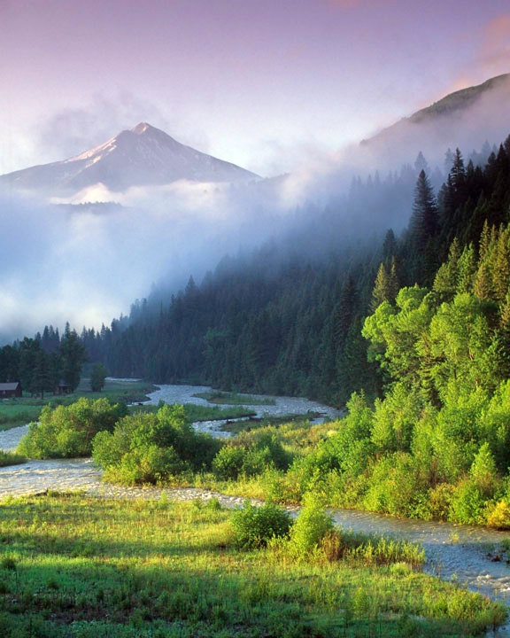 Mountain Morning - photograph spring landscape photo river dawn wilderness rockies montana wyoming sunrise fog clouds